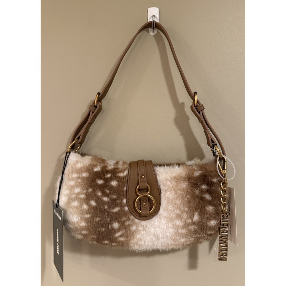 Steve Madden Spotted Faux Deer Fur Brown White Shoulder Bag Gold Chain Charm